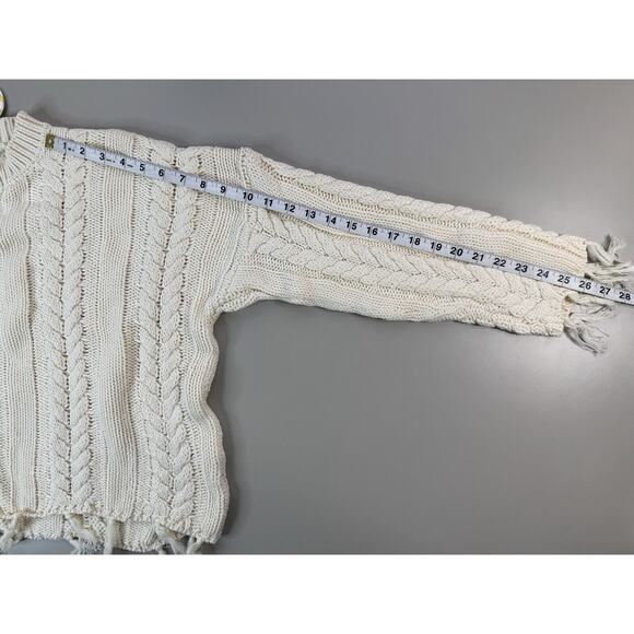 Hayden Los Angeles Womens Sweater Med Ivory Fisherman Chunky Knit Fringe Cropped - Picture 6 of 9